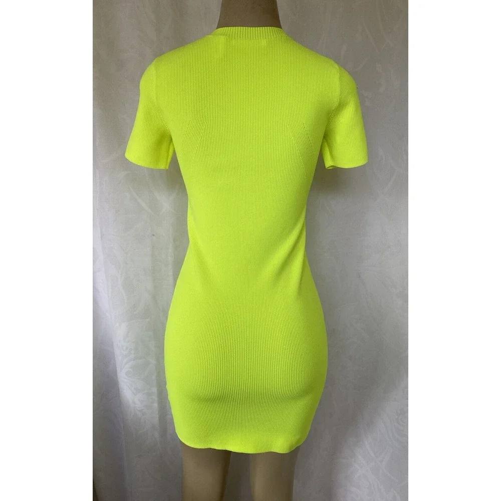 Helmut Lang Neon Yellow Mini Dress Ribbed Knit Sheath Short Sleeve Crew … - Picture 3 of 7